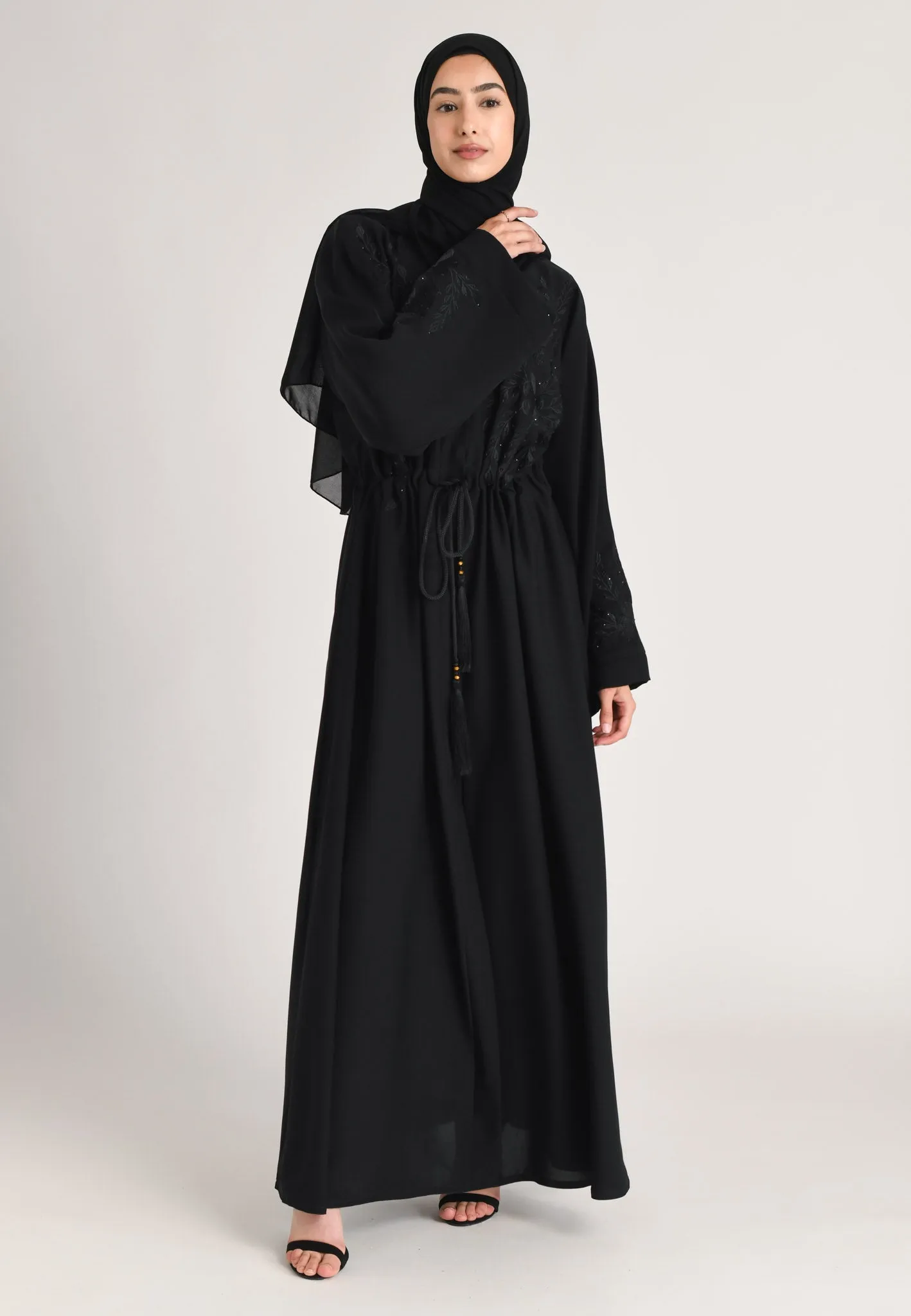 Raven A-Line Black on Black Embroidered Open Abaya