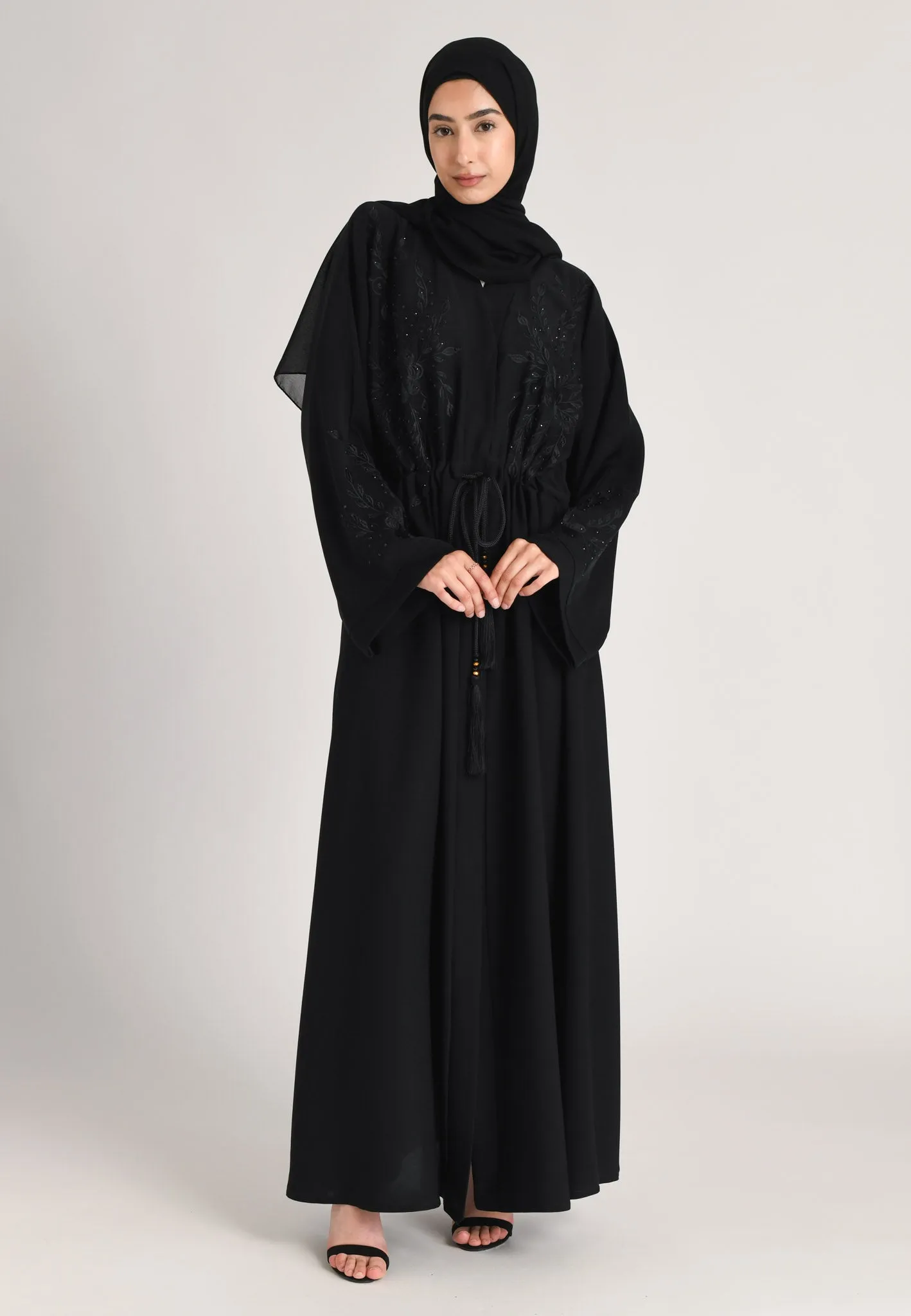 Raven A-Line Black on Black Embroidered Open Abaya