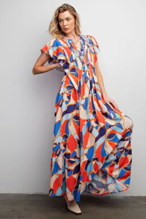 Red & Blue Geometric Print Maxi Dress