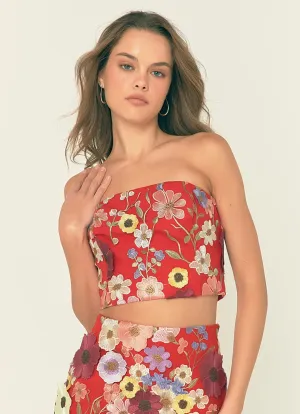 Red Embroidered Strapless Top