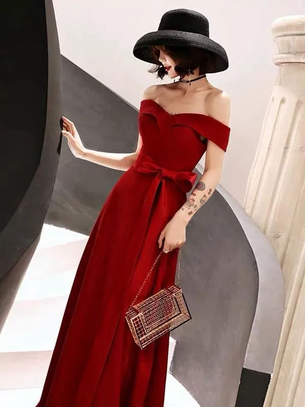 Red Evening Dress 2021 Off Shoulder Floor Length Satin Sash Social Prom Party Dresses