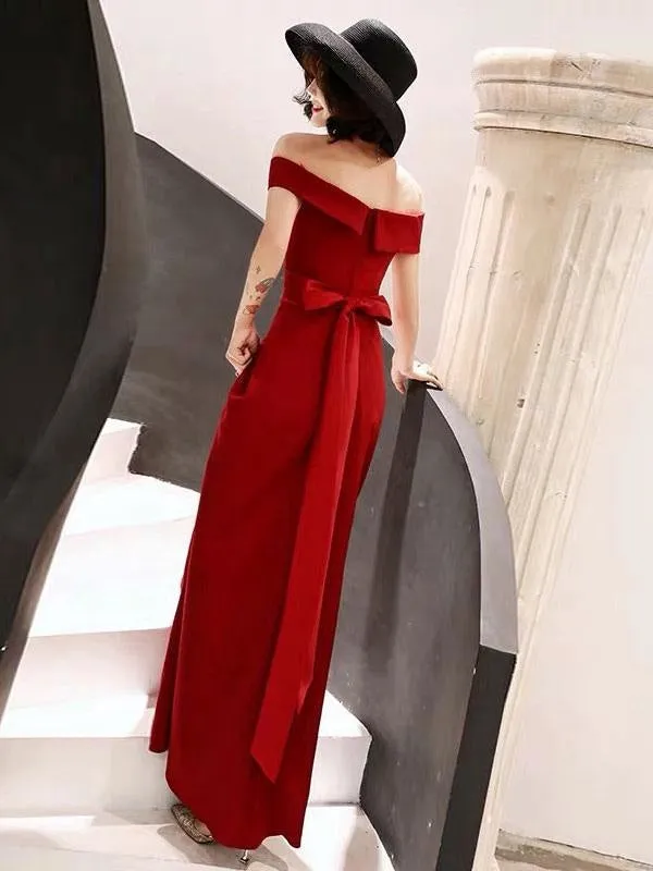 Red Evening Dress 2021 Off Shoulder Floor Length Satin Sash Social Prom Party Dresses