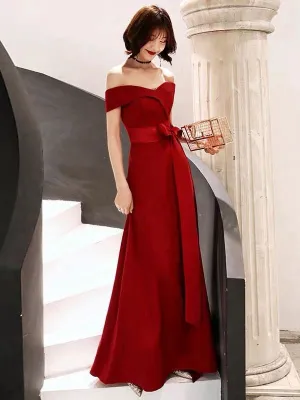 Red Evening Dress 2021 Off Shoulder Floor Length Satin Sash Social Prom Party Dresses
