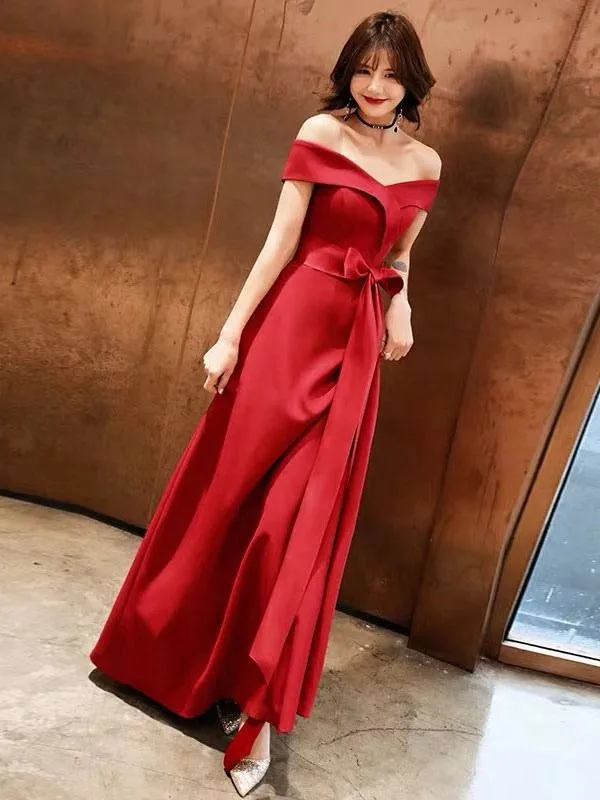 Red Evening Dress 2021 Off Shoulder Floor Length Satin Sash Social Prom Party Dresses
