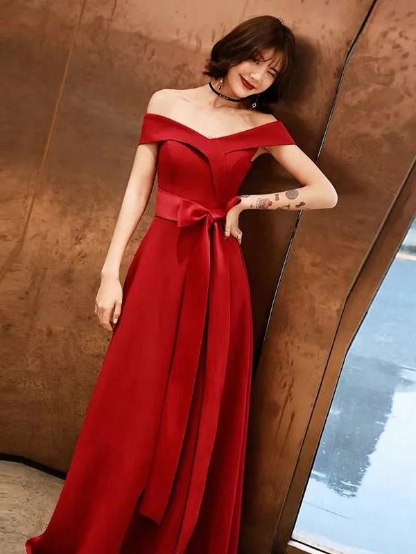 Red Evening Dress 2021 Off Shoulder Floor Length Satin Sash Social Prom Party Dresses
