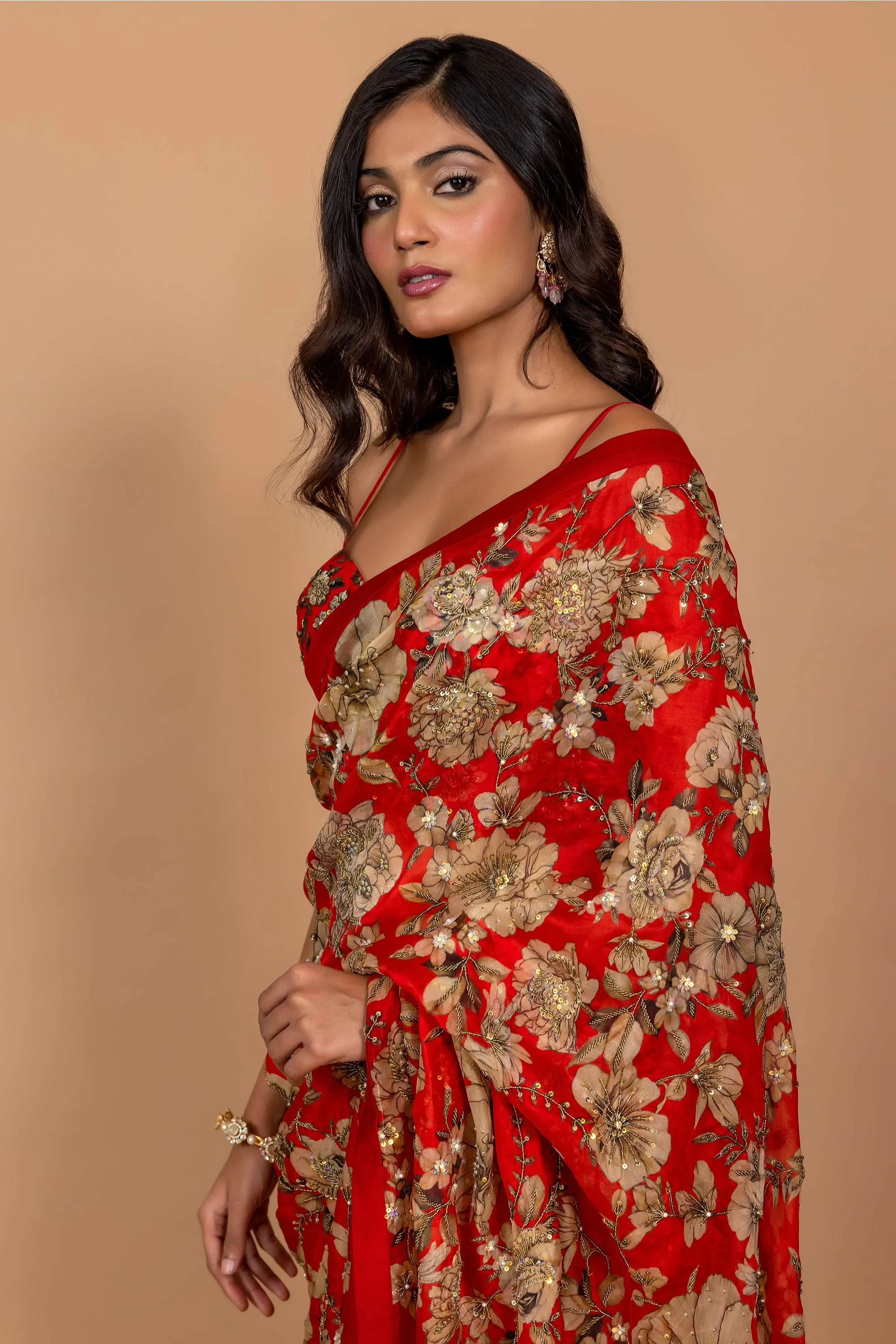 Red floral printed sari set