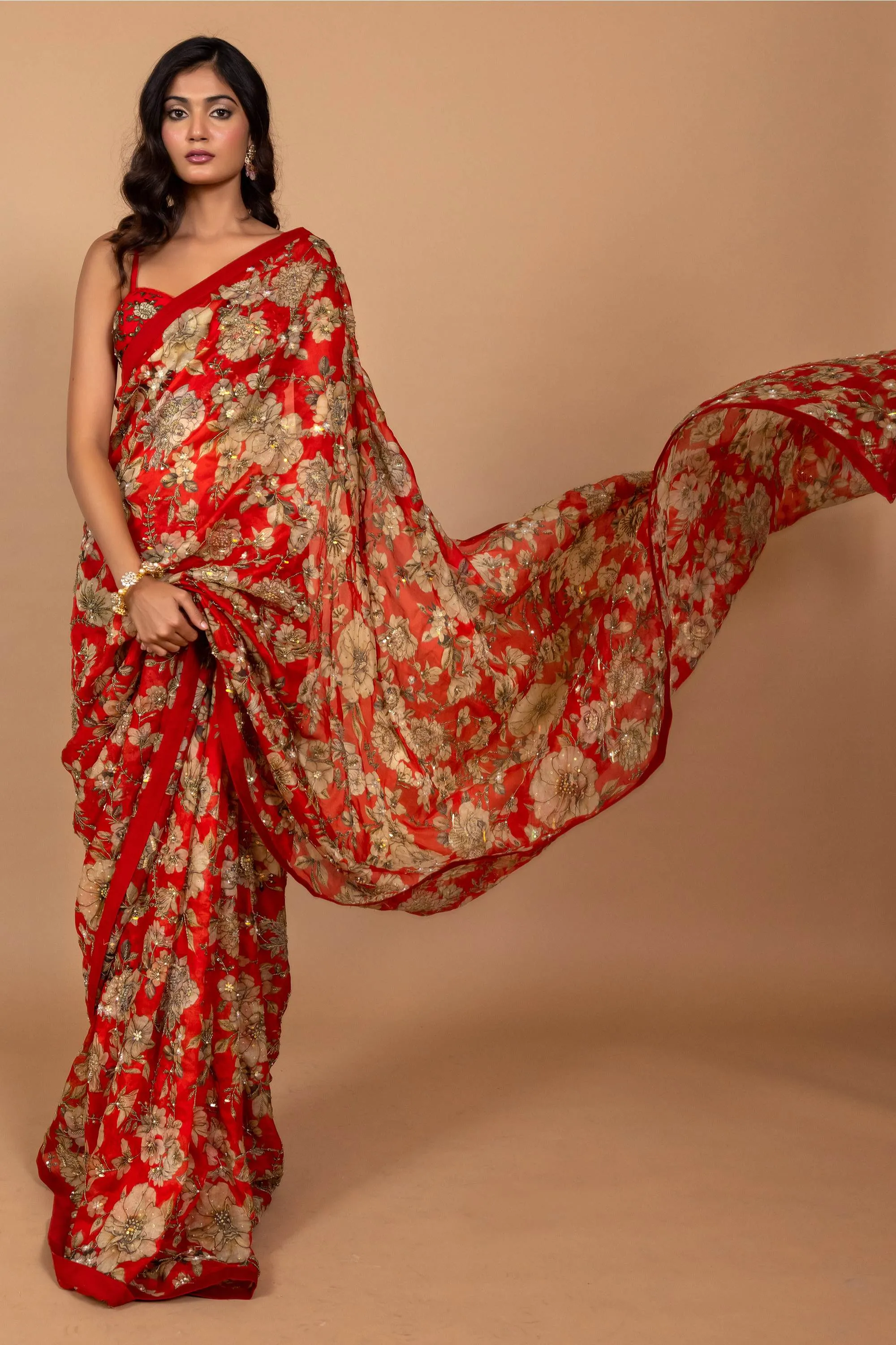 Red floral printed sari set
