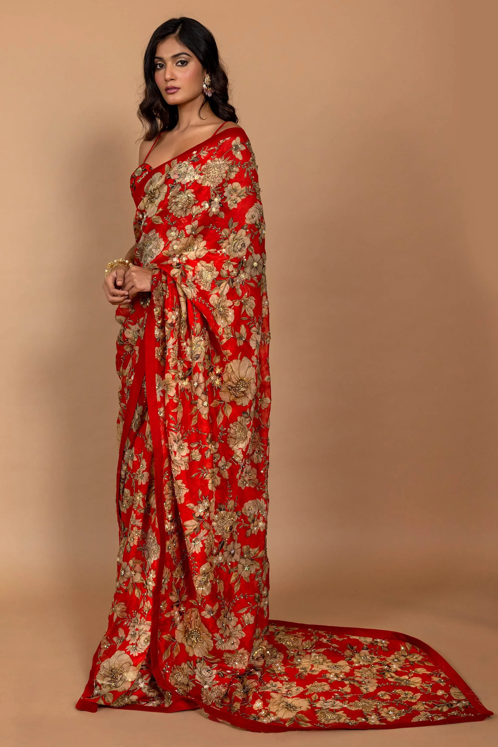 Red floral printed sari set