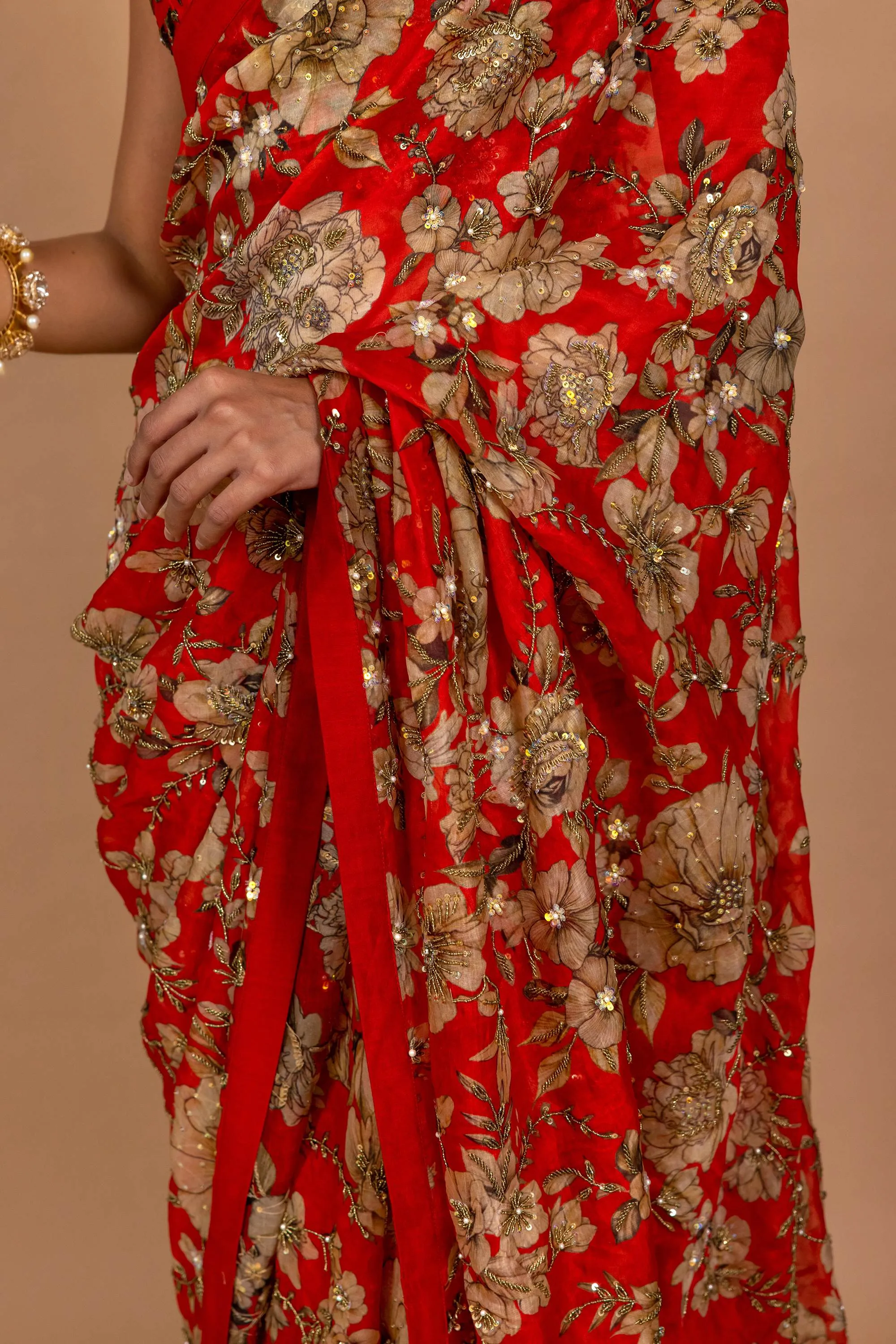 Red floral printed sari set