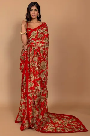 Red floral printed sari set