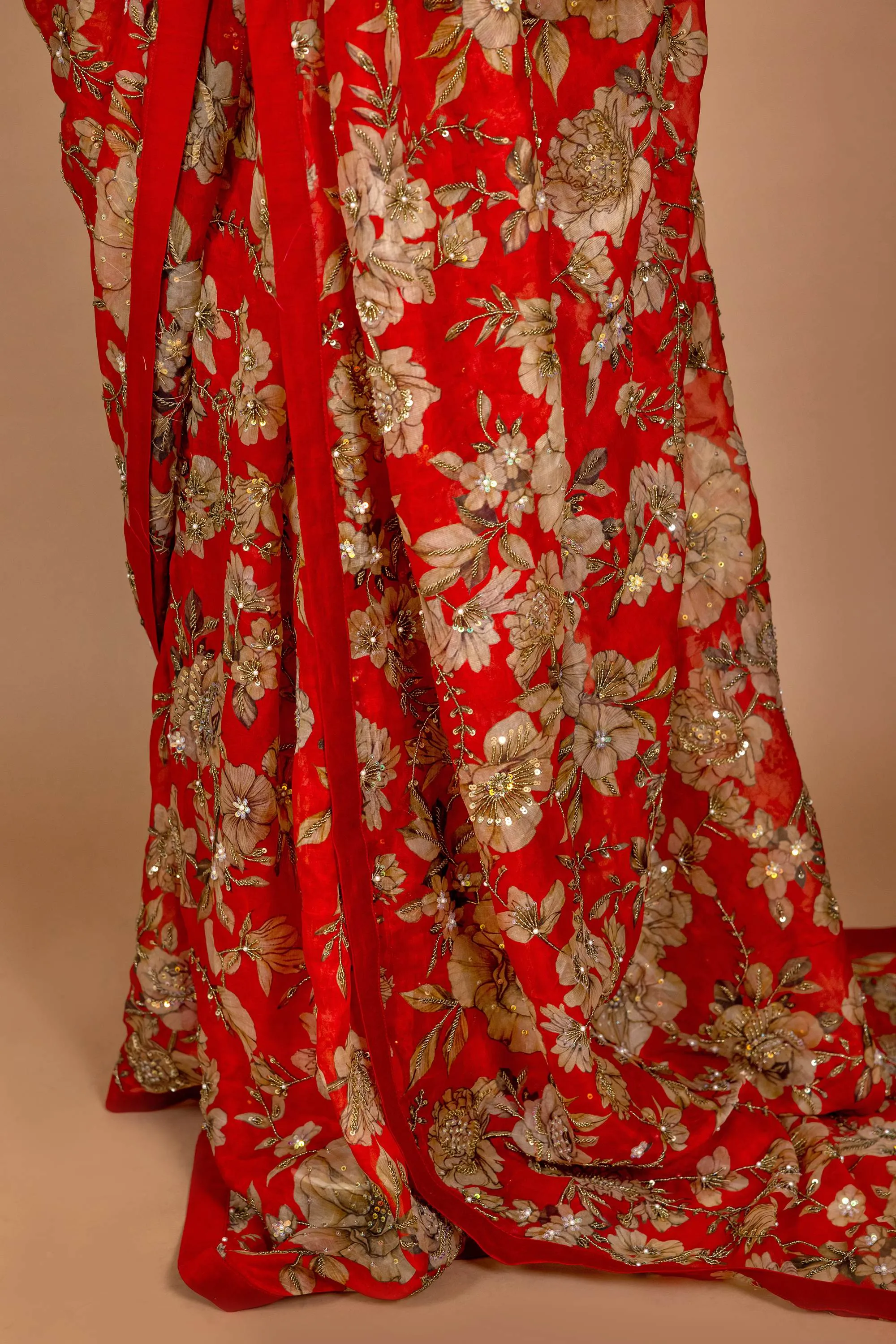 Red floral printed sari set