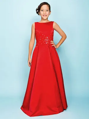 Red Jewel Neck Satin Fabric Sleeveless Floor Length A-line Beaded Kids Party Dresses