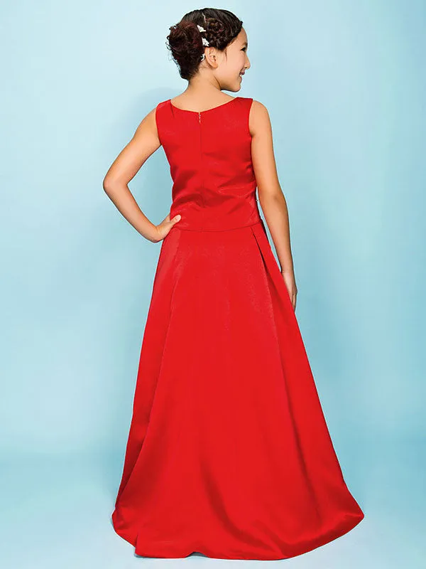 Red Jewel Neck Satin Fabric Sleeveless Floor Length A-line Beaded Kids Party Dresses