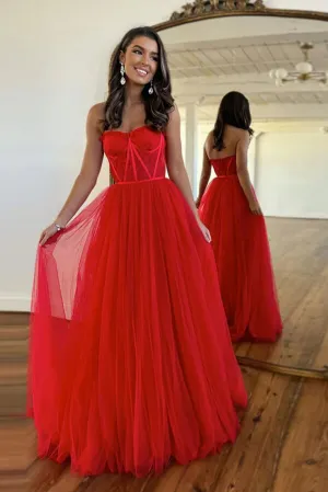 Red Lace A-line Sweetheart Neck Prom Dresses, Long Formal Dresses, MP778