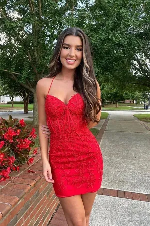 Red Lace Spaghetti Straps Sweetheart Short Homecoming Dresses, MH612