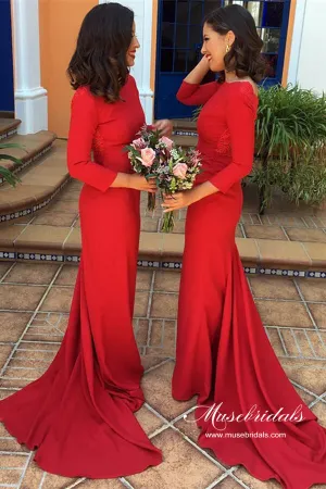 Red Mermaid Long Sleeves Modest Lace Long Bridesmaid Dresses, MBD231