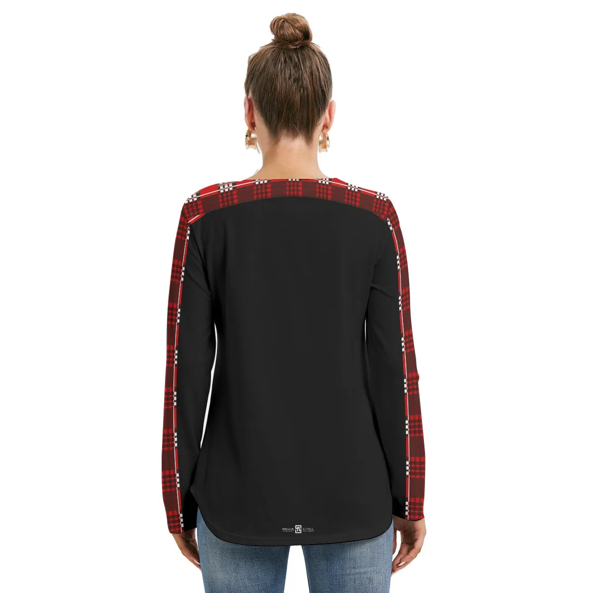 Red Plaid Long Sleeve Neckline Tie Black Sweatshirt