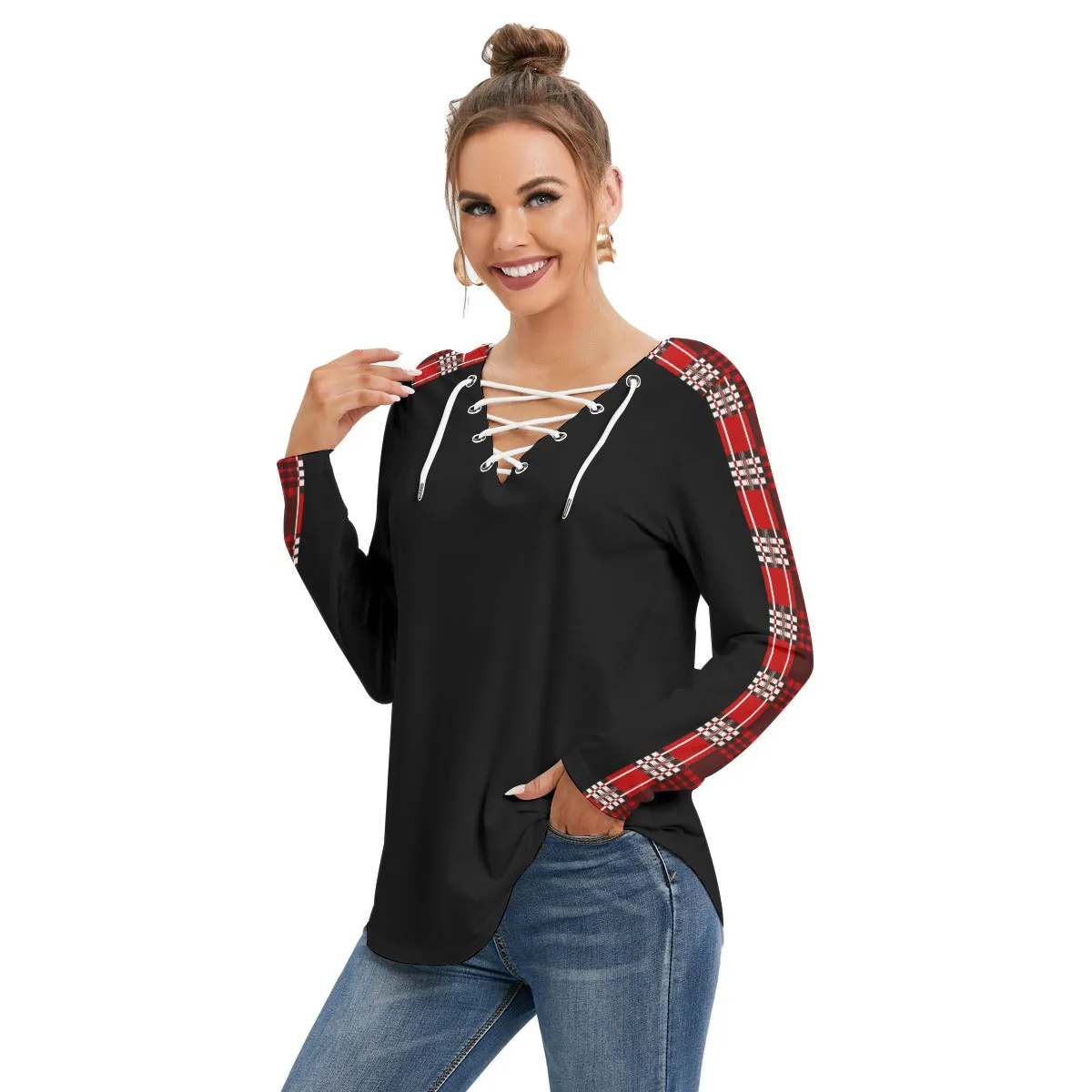 Red Plaid Long Sleeve Neckline Tie Black Sweatshirt