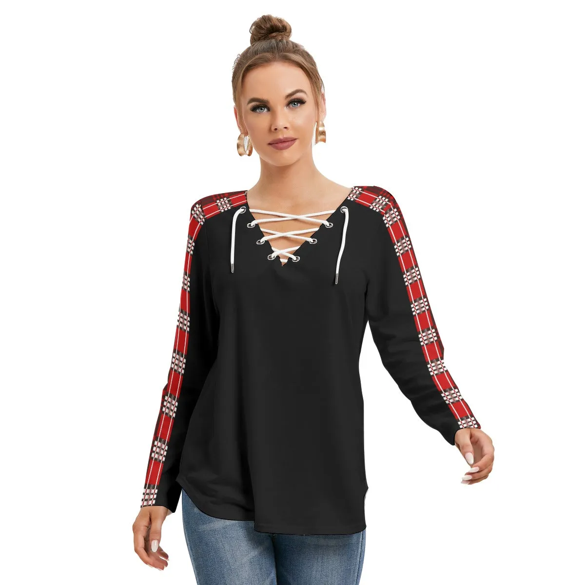 Red Plaid Long Sleeve Neckline Tie Black Sweatshirt