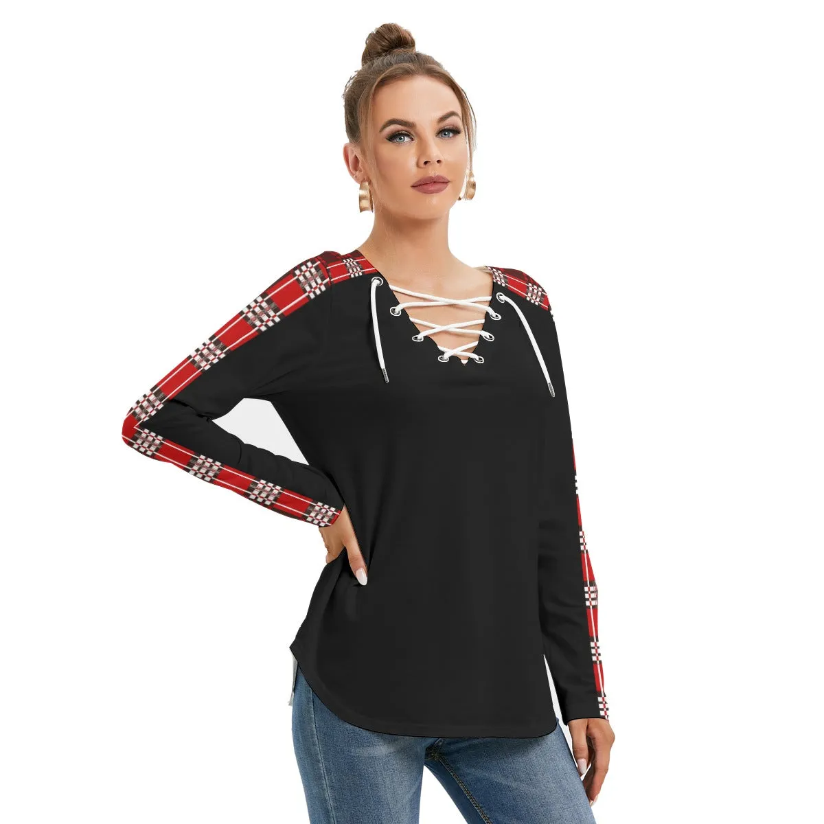 Red Plaid Long Sleeve Neckline Tie Black Sweatshirt