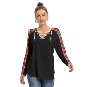 Red Plaid Long Sleeve Neckline Tie Black Sweatshirt