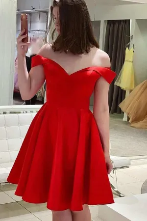 Red Satin A-line Off-the-Shoulder Sweetheart Short Homecoming Dress, MH595