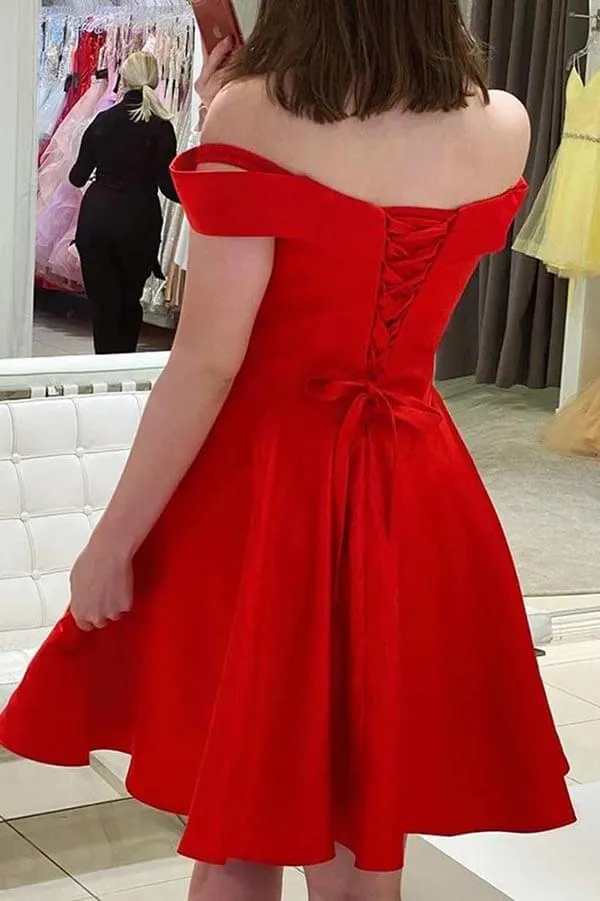 Red Satin A-line Off-the-Shoulder Sweetheart Short Homecoming Dress, MH595