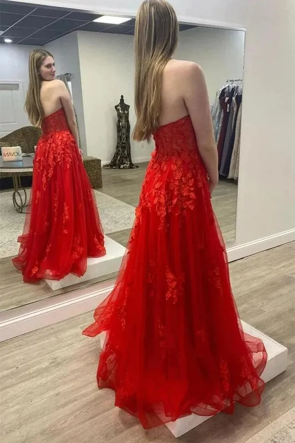 Red Tulle Strapless Long Prom Dresses, Evening Gown With Lace Appliques, MP712