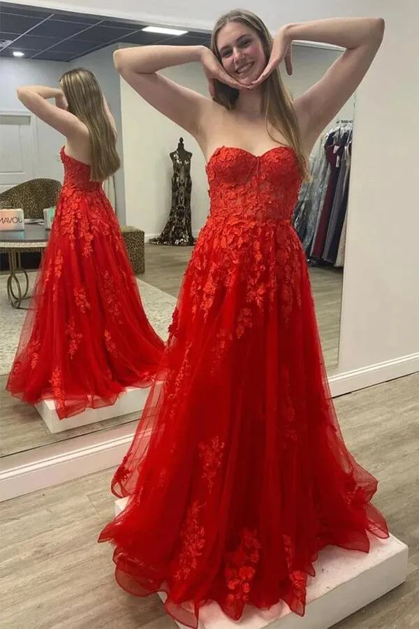 Red Tulle Strapless Long Prom Dresses, Evening Gown With Lace Appliques, MP712