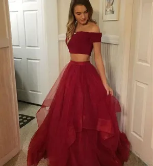 Red Two Pieces Tulle Off Shoulder Prom Dresses Cheap, Long Party Gowns, M269