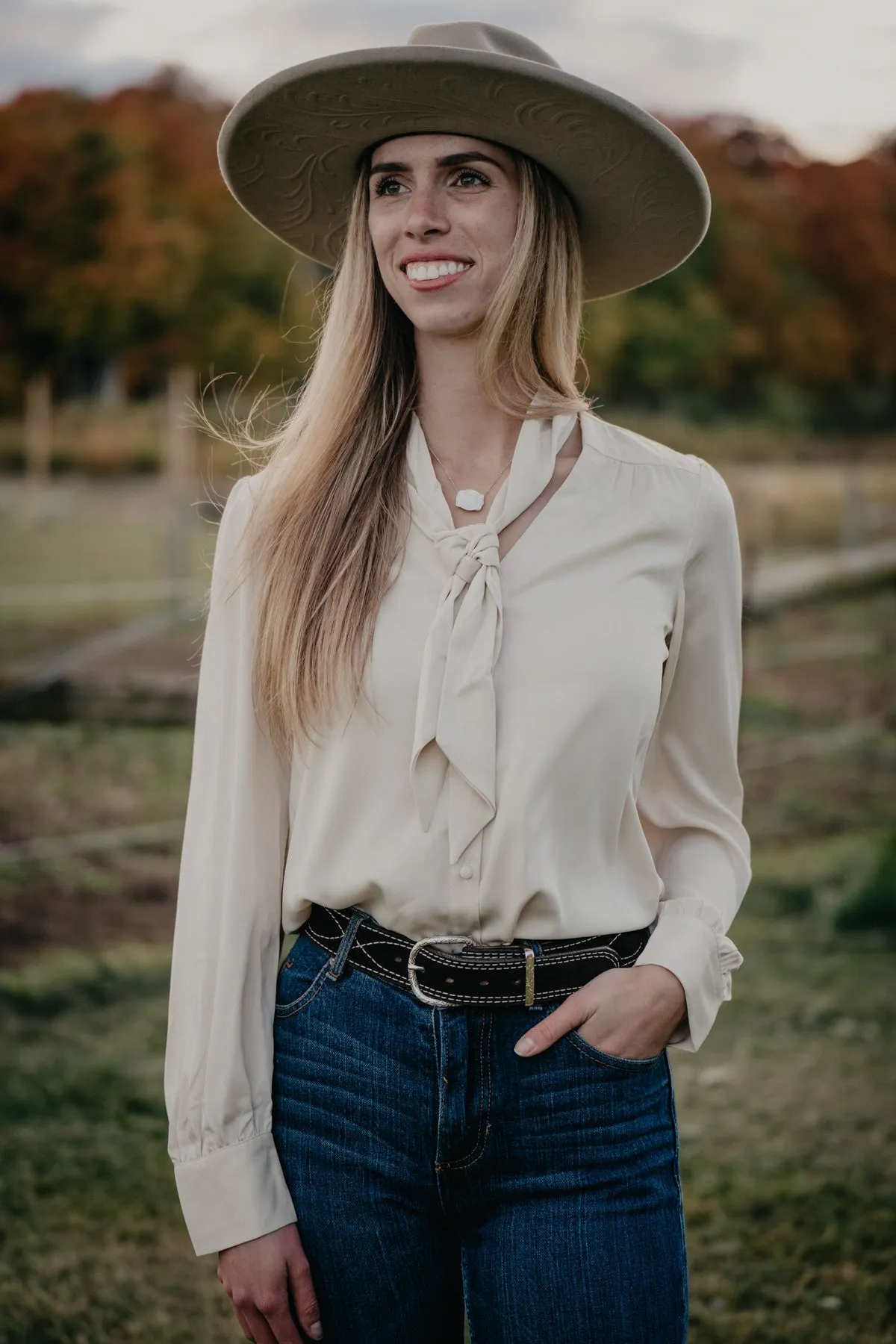 'Reece' Ivory Blouse with Tie Detail by Stetson (M & L ONLY)