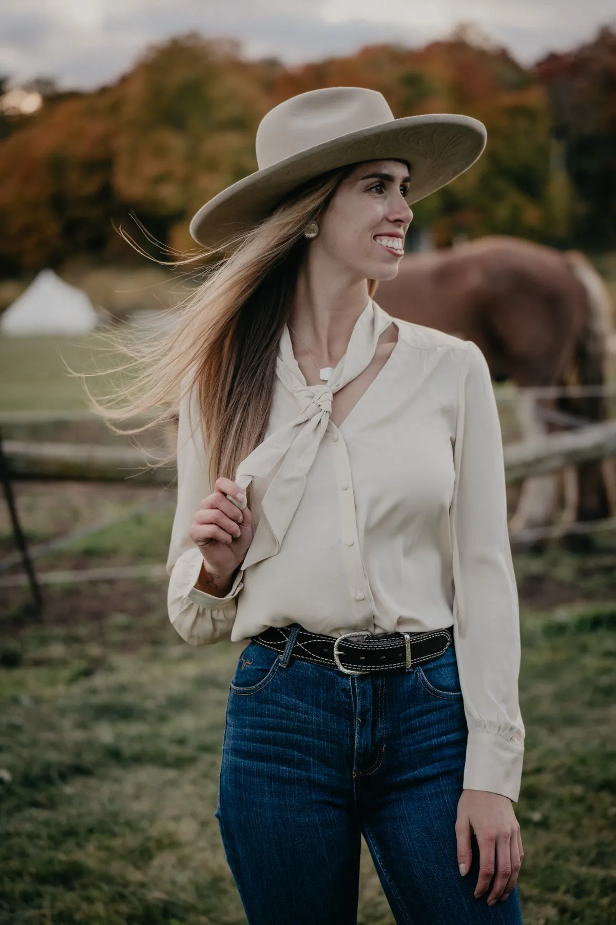 'Reece' Ivory Blouse with Tie Detail by Stetson (M & L ONLY)