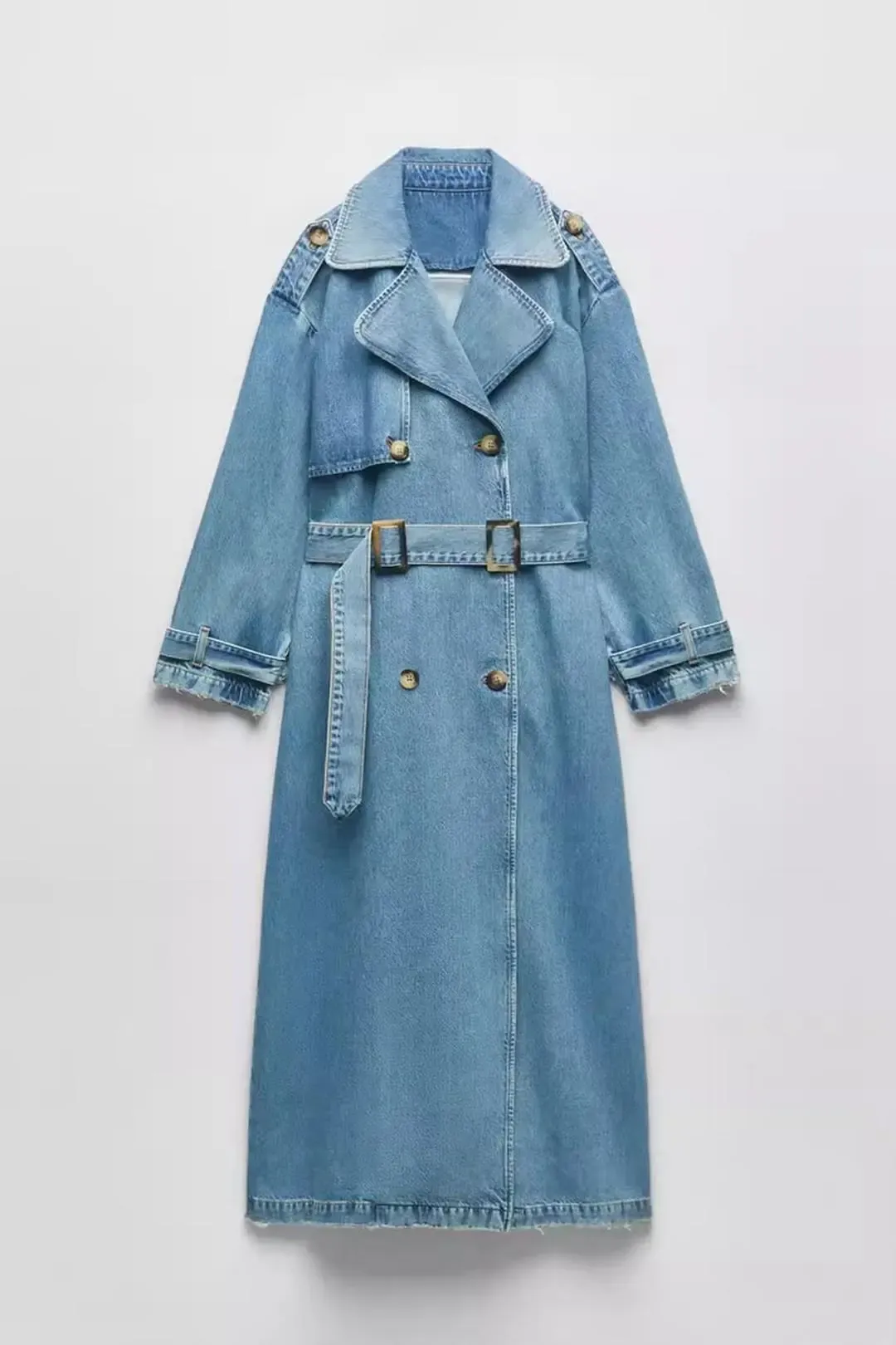 Regal Belted Double-Breasted Long Denim Trench Coat