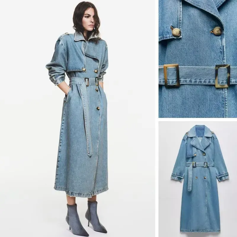 Regal Belted Double-Breasted Long Denim Trench Coat