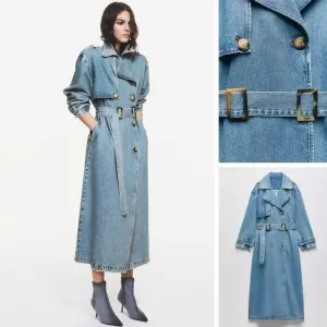 Regal Belted Double-Breasted Long Denim Trench Coat
