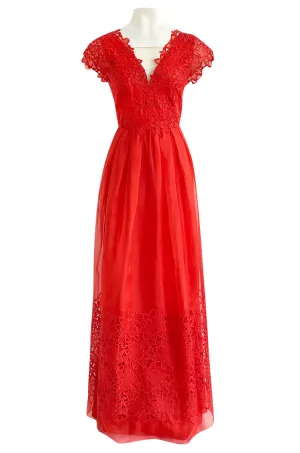Resort 2015 Alberta Ferretti Red Silk Organza & Embroidered Lace Open Cut Work Dress