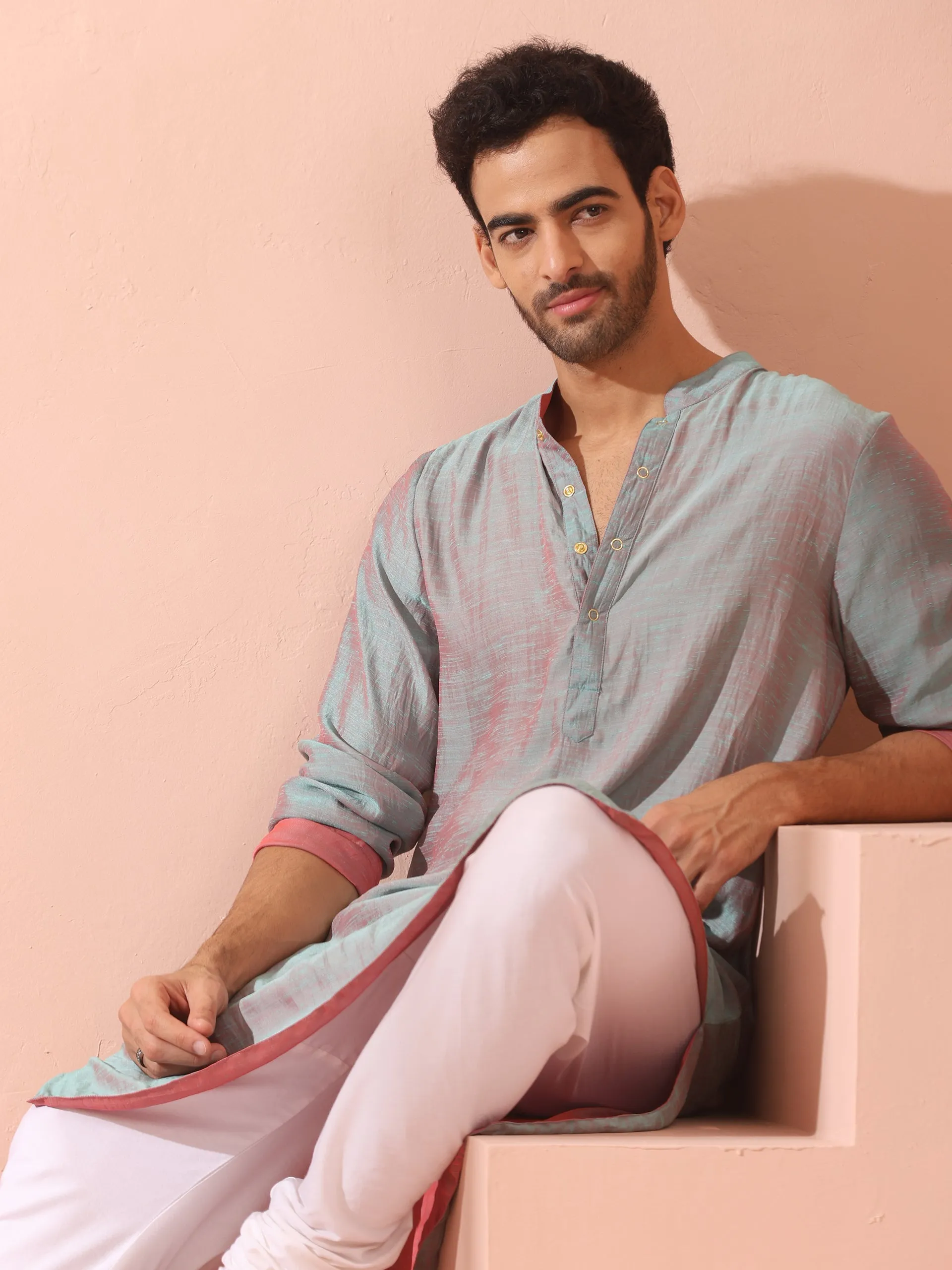 Reversable Pink Blue Satin Kurta with Snaps