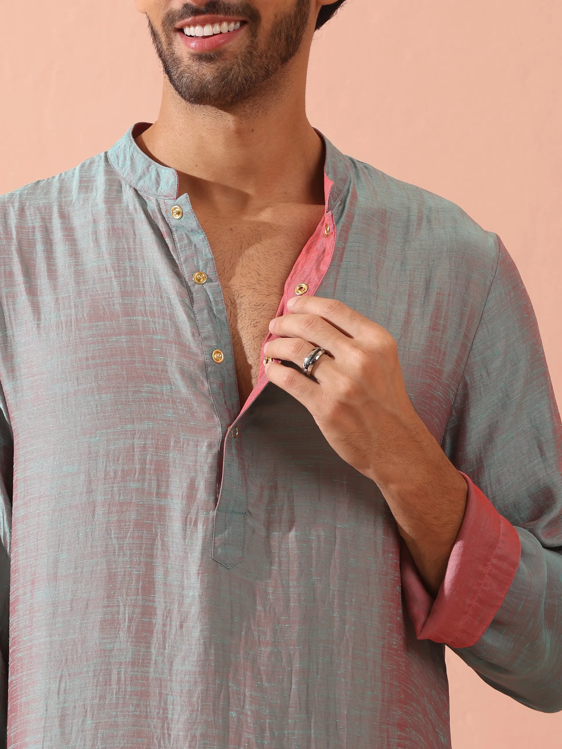 Reversable Pink Blue Satin Kurta with Snaps