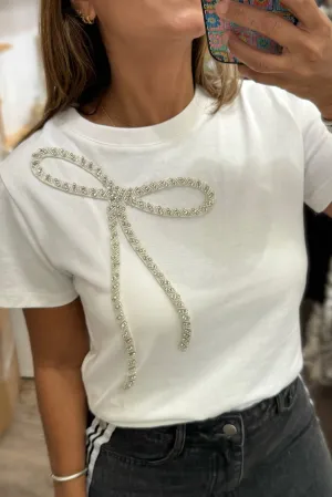 Rhinestone Bow Embellished Crew Neck Tee