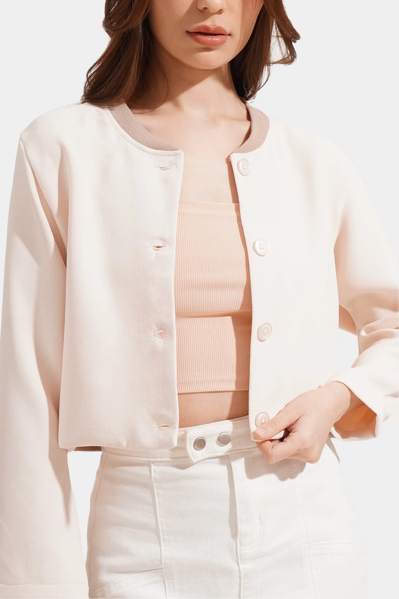 Ribbed Neck Cropped Blazer