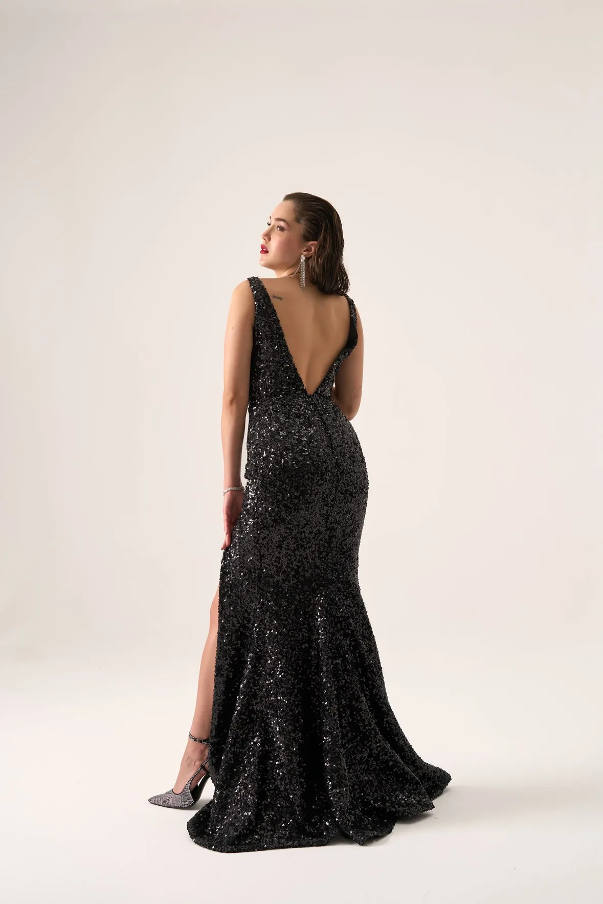 Rina plunging neckline sequin gown