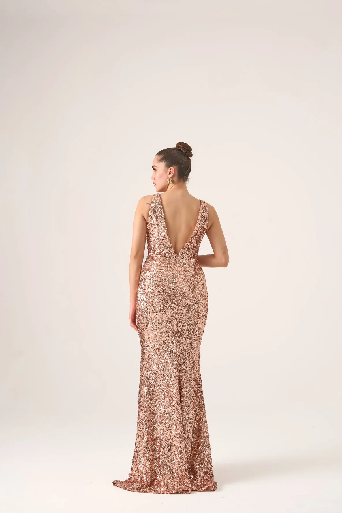 Rina plunging neckline sequin gown
