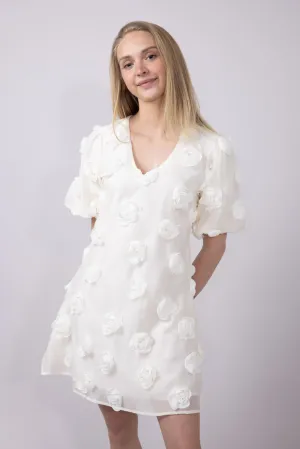 Rokoko Roset V-Neck Puff Sleeves Dress for Women in White | R8231-WHT