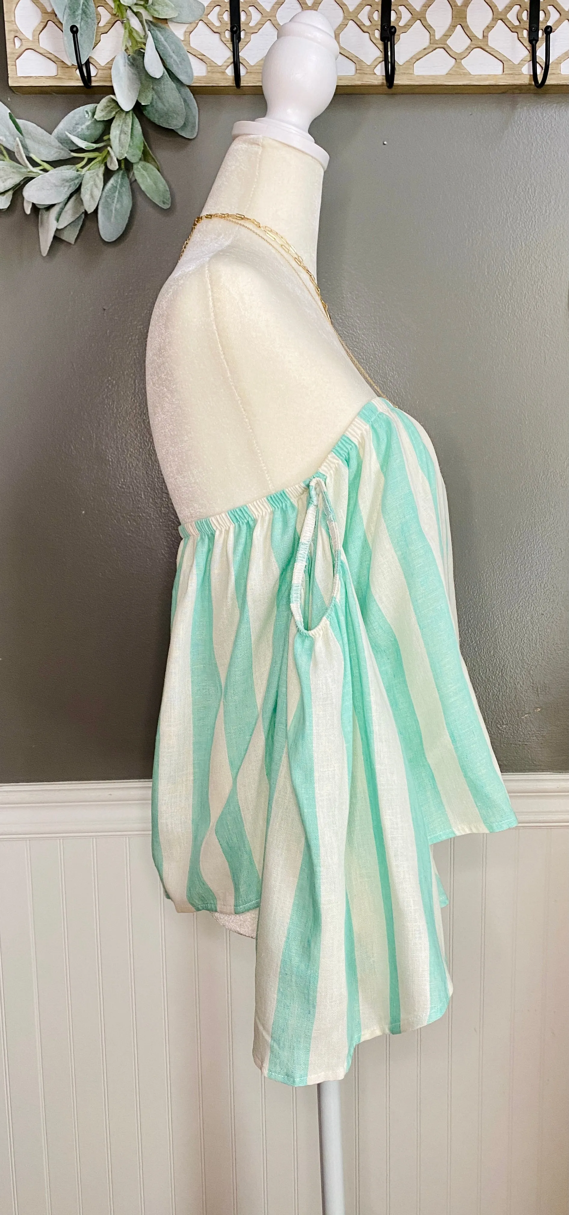 Rolling Into Summer Off The Shoulder Striped Linen Top