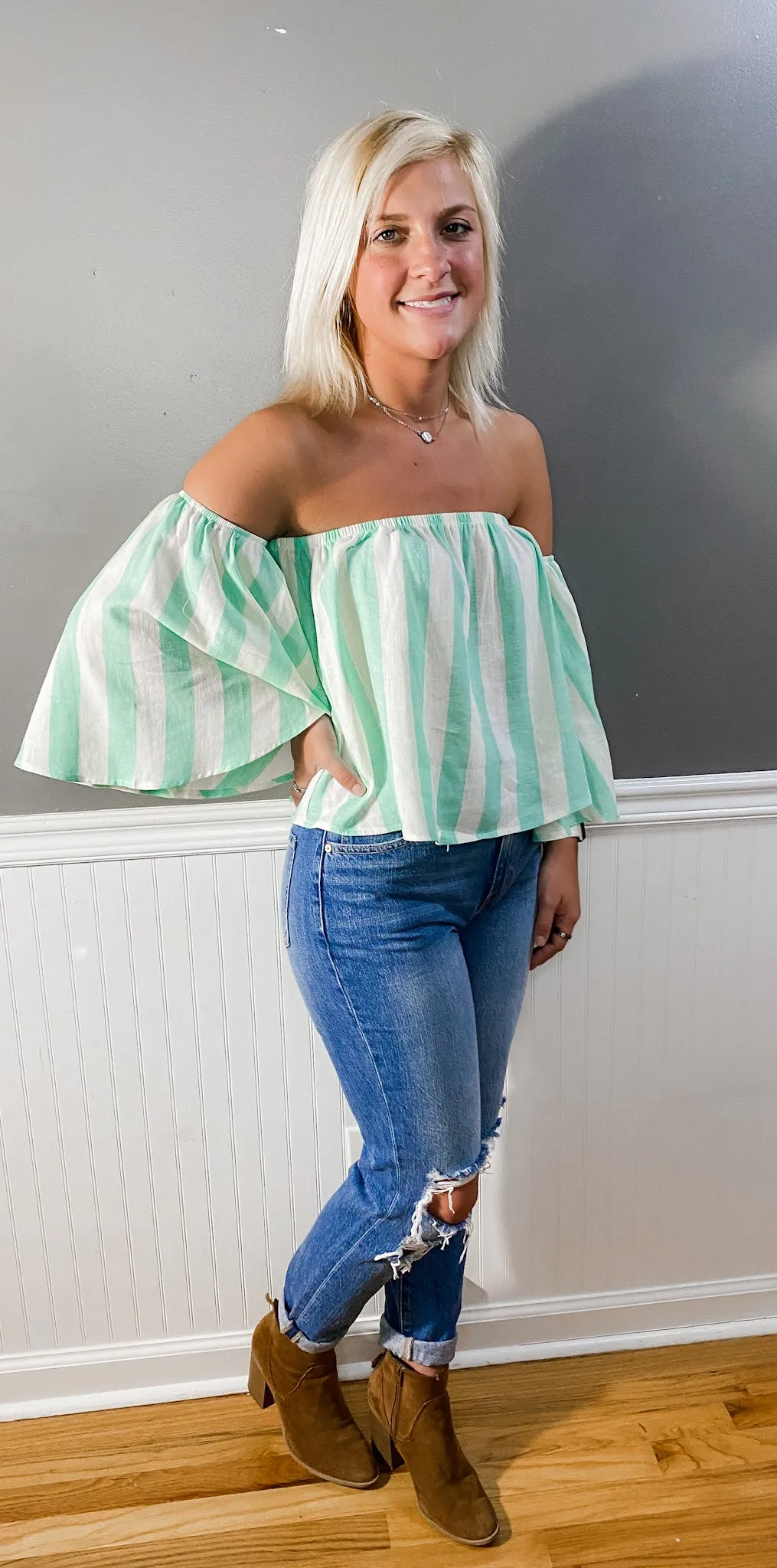 Rolling Into Summer Off The Shoulder Striped Linen Top