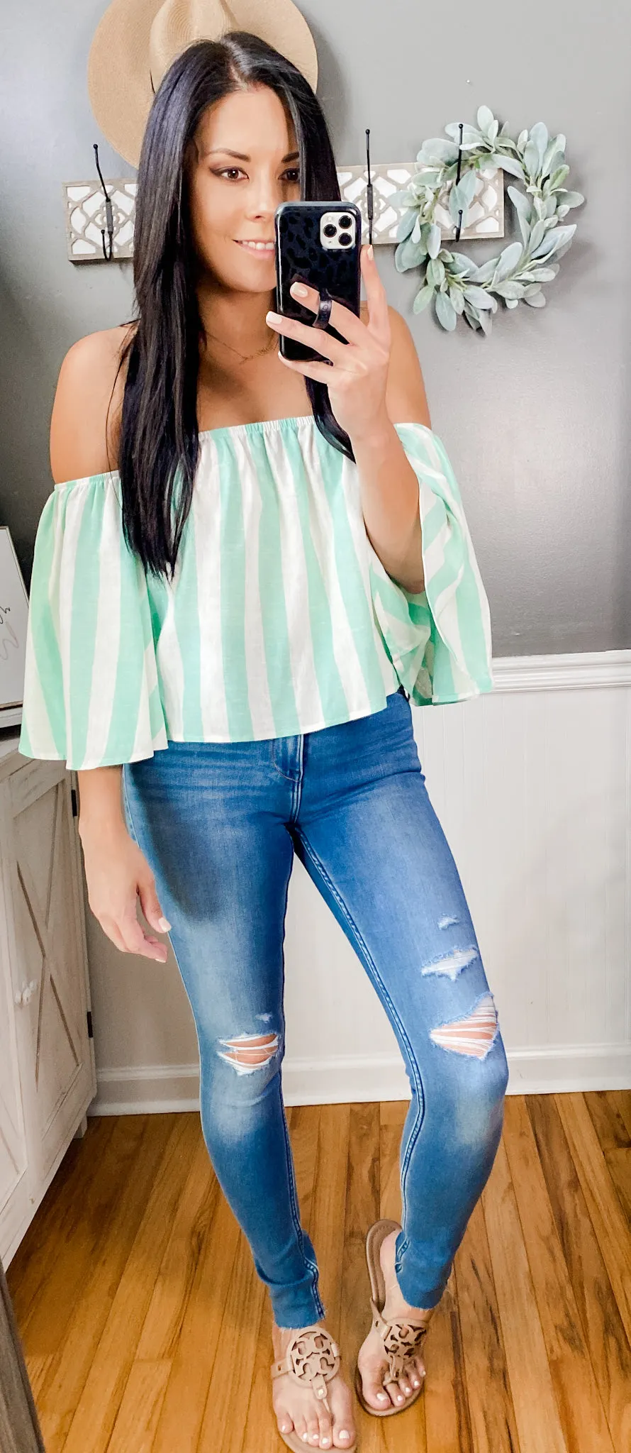 Rolling Into Summer Off The Shoulder Striped Linen Top