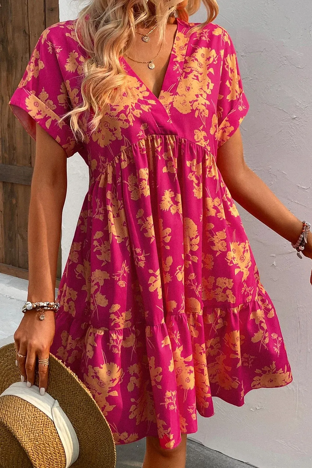 Rose Floral Print Batwing Sleeve Smock Dress