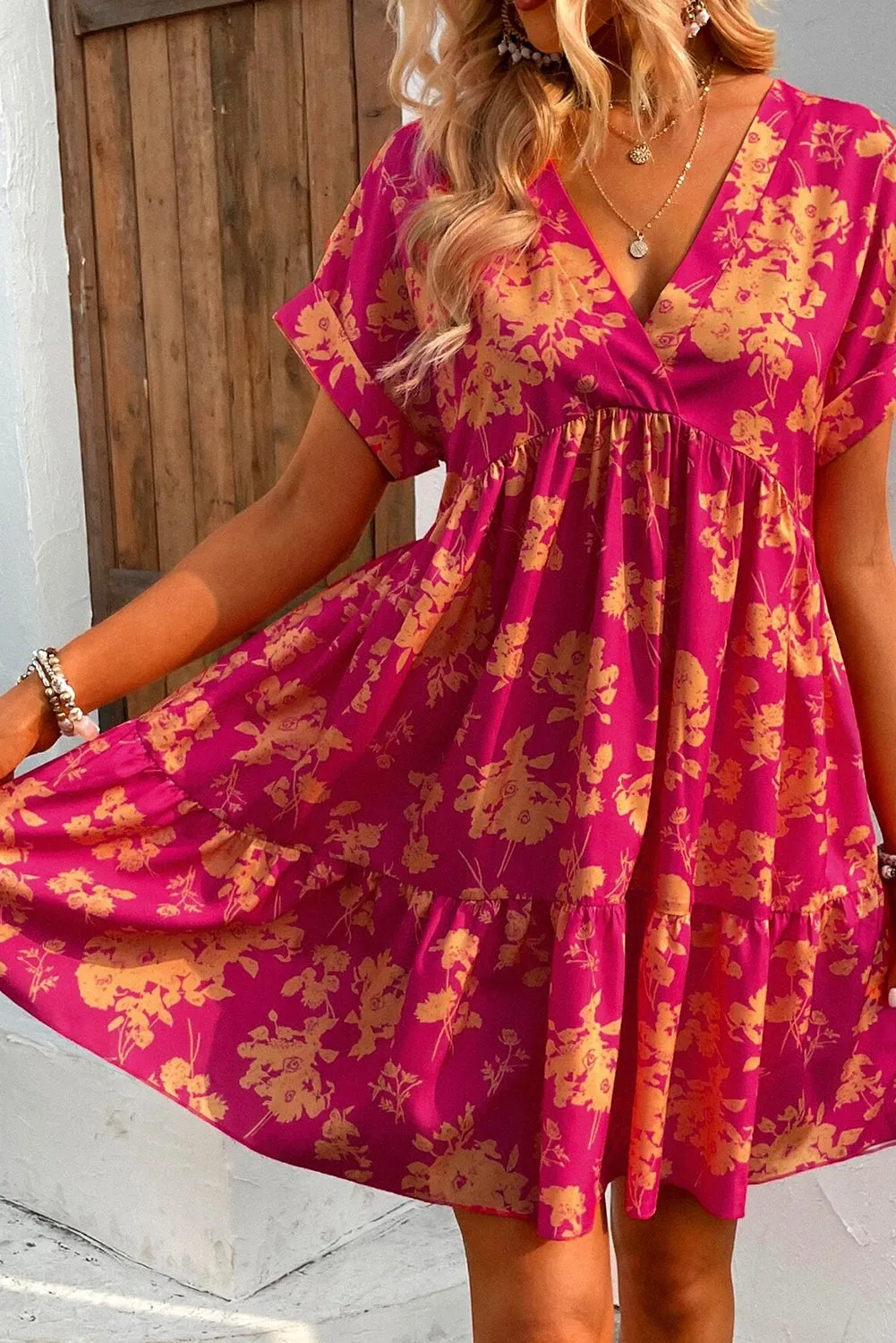 Rose Floral Print Batwing Sleeve Smock Dress