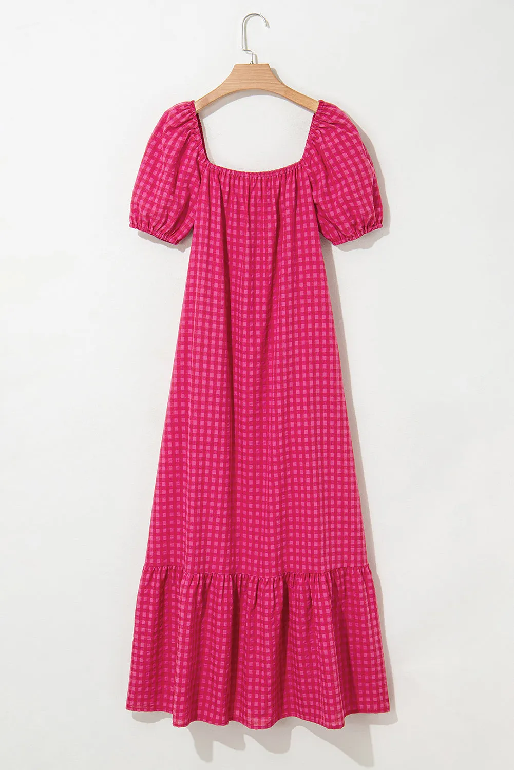 Rose Ginham Check Bubble Sleeve Ruffled Maxi Dress