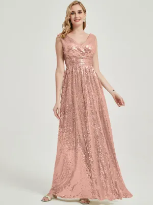 Rose Gold V-Neck Sleeveless Floor Length Sequin Bridesmaid Dress